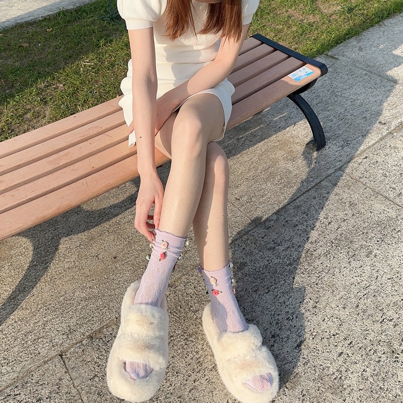 Spring and Summer Niche French Rose Handmade Flower Sweet Girl''s Cream Puff Middle Tube Stacked Socks Calf Socks - Image 3