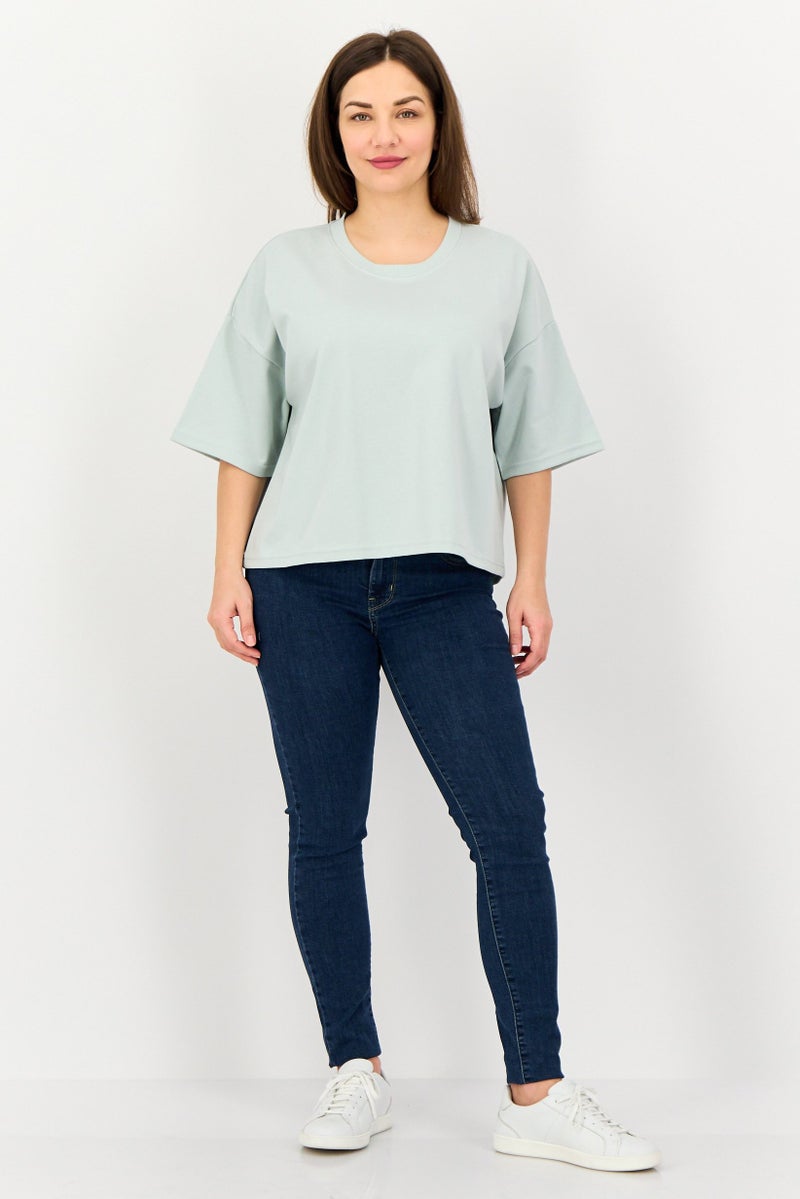 Core Elements Women Ribbed Neck Short Sleeve Plain Top, Mint Green - Image 4