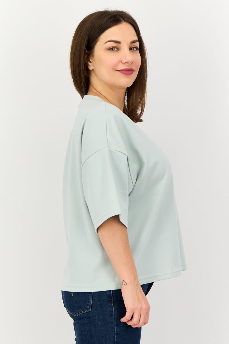 Core Elements Women Ribbed Neck Short Sleeve Plain Top, Mint Green - Image 2