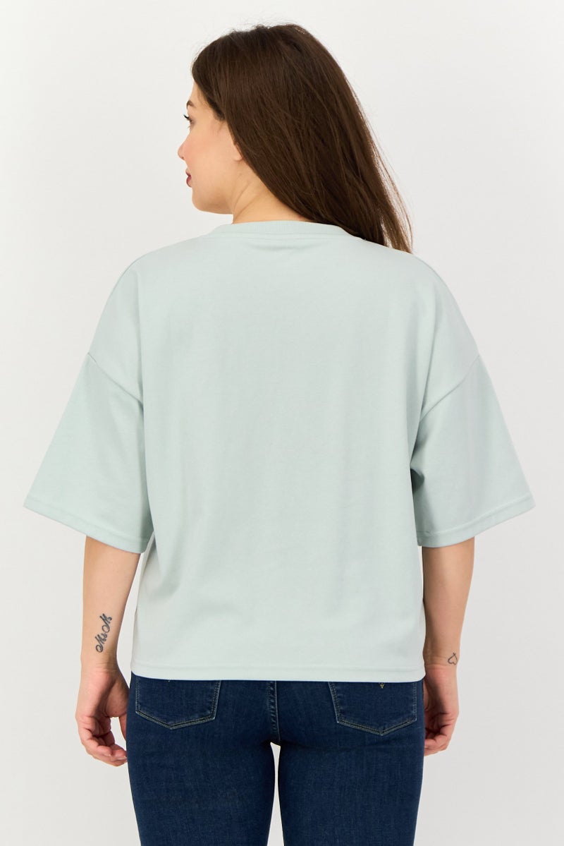 Core Elements Women Ribbed Neck Short Sleeve Plain Top, Mint Green - Image 3