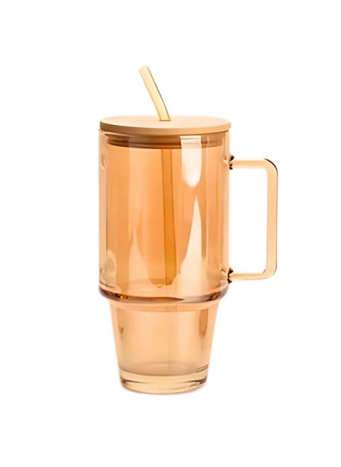 Glass Coffee Tumbler with Bamboo Lid and Straw Pack of 1, 750ml Multi Purpose Drinking Glass Mug, Travel Sipper for Juice Water Smoothies