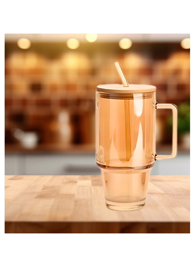 Glass Coffee Tumbler with Bamboo Lid and Straw Pack of 1, 750ml Multi Purpose Drinking Glass Mug, Travel Sipper for Juice Water Smoothies