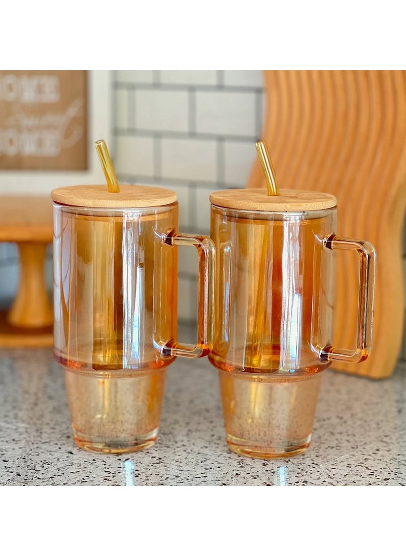 Glass Coffee Tumbler with Bamboo Lid and Straw Pack of 1, 750ml Multi Purpose Drinking Glass Mug, Travel Sipper for Juice Water Smoothies