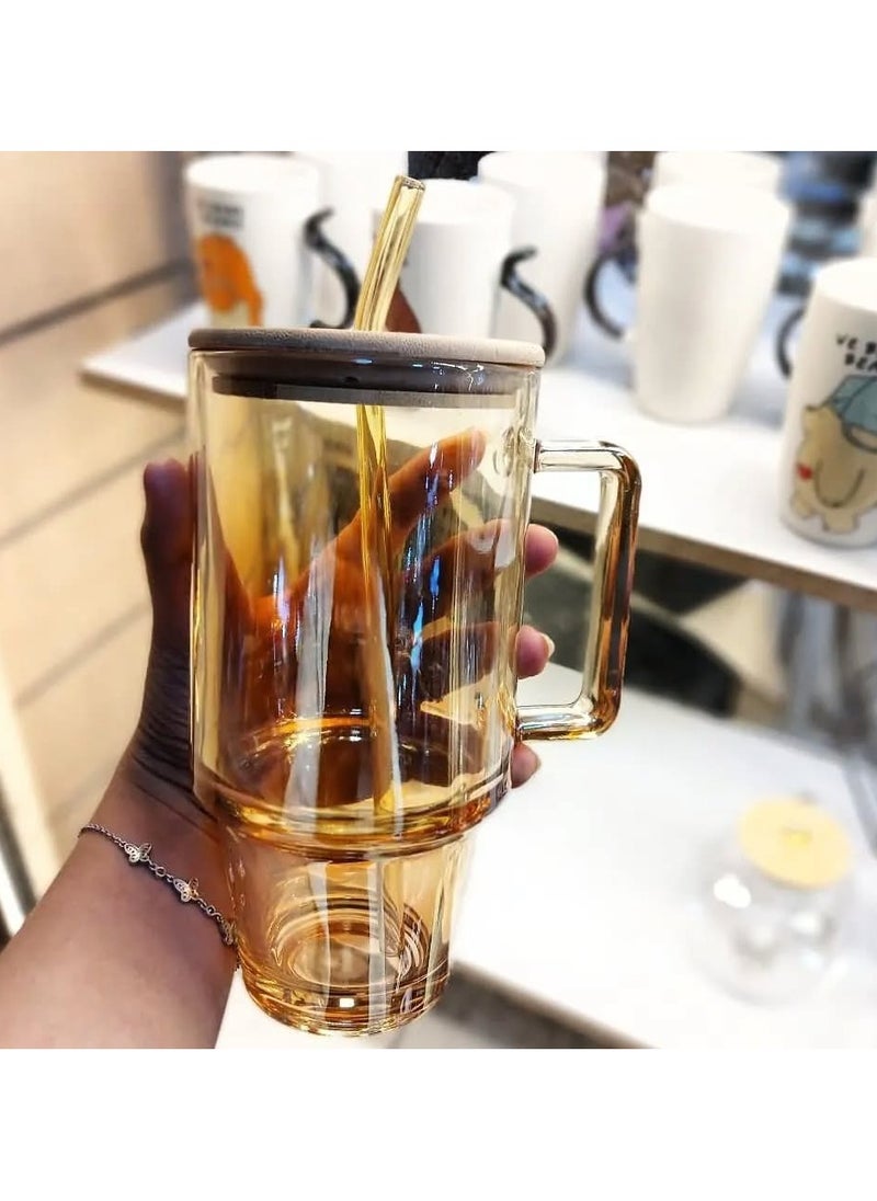 Glass Coffee Tumbler with Bamboo Lid and Straw Pack of 1, 750ml Multi Purpose Drinking Glass Mug, Travel Sipper for Juice Water Smoothies