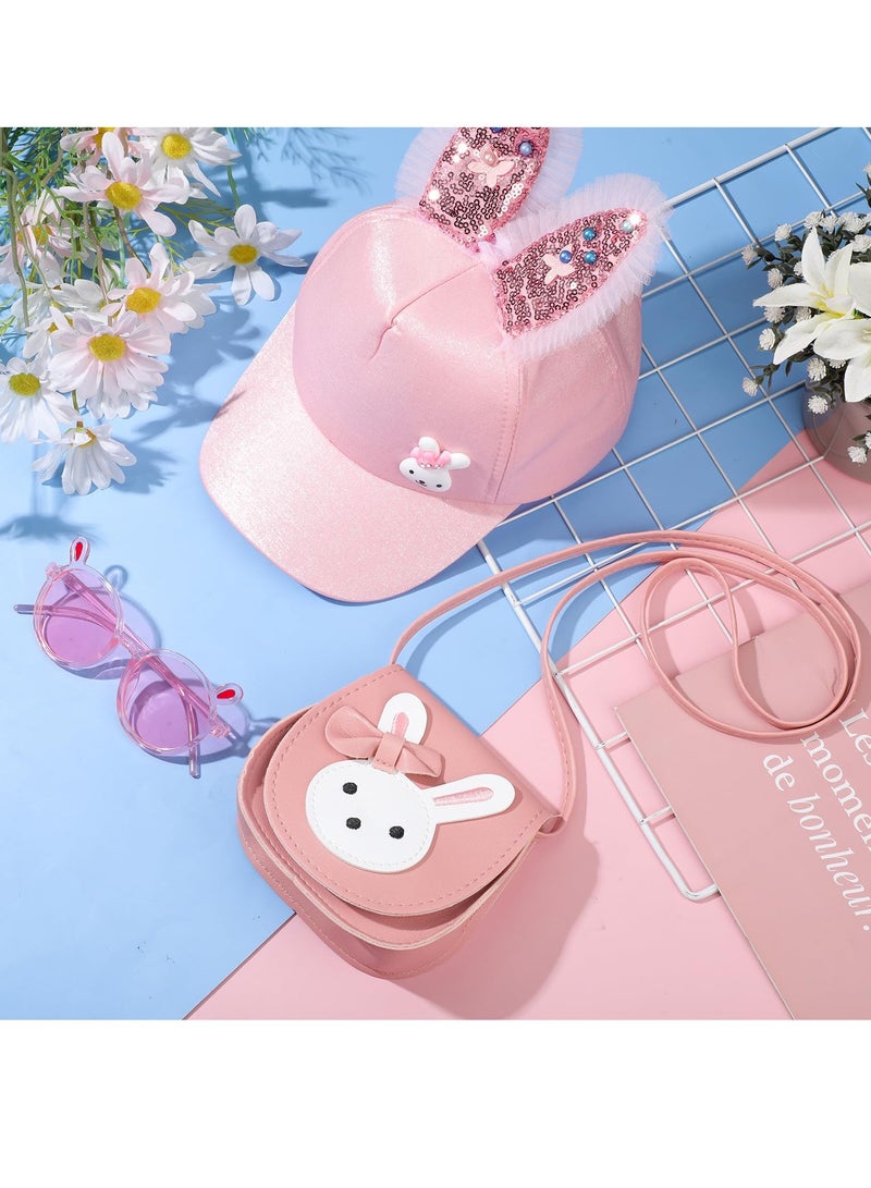 كاست ويف مجموعة حقائب يد للبنات، 3 قطع من حقائب الكتف اللطيفة للفتيات على شكل أرنب مع حزام قابل للتعديل، حقيبة جلدية متقاطعة وقبعات أرنب للأطفال ونظارات شمسية كرتونية مع آذان أرنب، هدية للأطفال الصغار باللون الوردي - Image 5