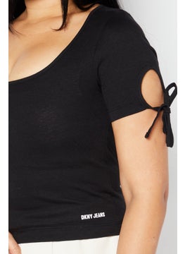 DKNY Jeans Women Scoope Neck Short Sleeve Brand Logo Top, Black  - Image 3