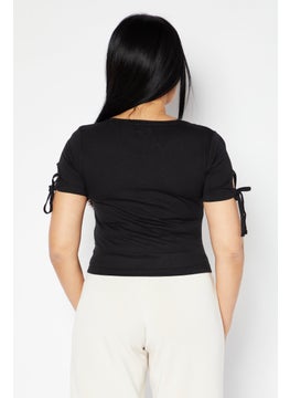 DKNY Jeans Women Scoope Neck Short Sleeve Brand Logo Top, Black  - Image 2