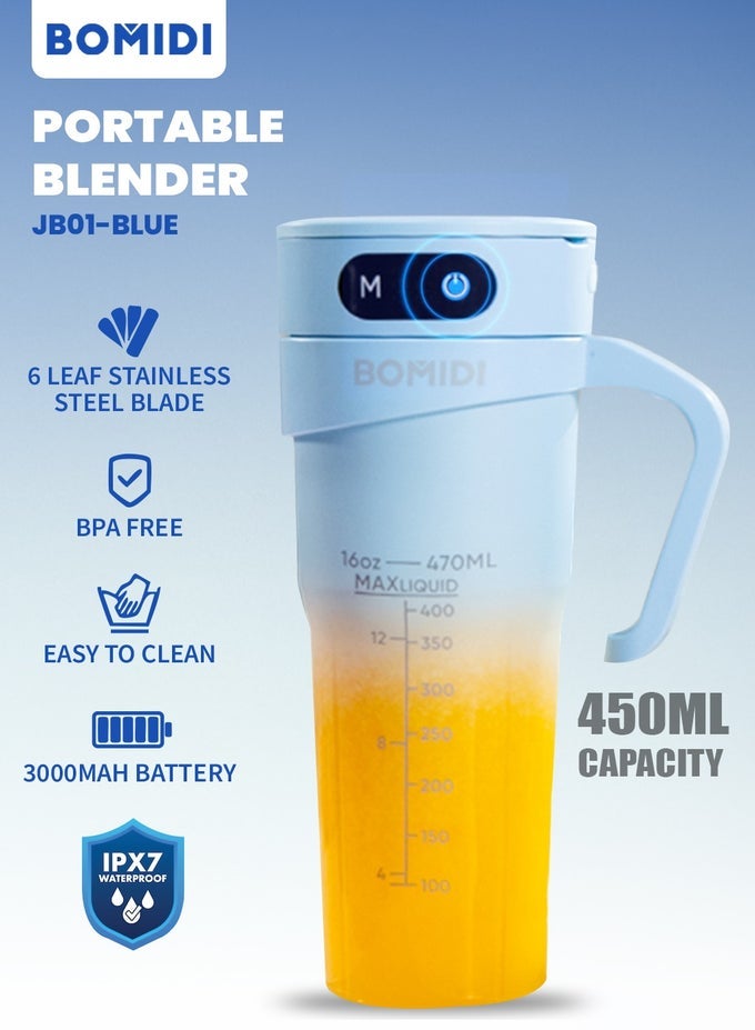 PORTABLE BLENDER | SMOOTHIE MAKER | PROTEIN BLENDER WITH 6-LEAF STAINLESS STEEL | YOGA & GYM ESSENTIAL | CORDLESS TYPE-C CHARGING | IPX7 WATERPROOF | BPA-FREE JUICER BLENDER FOR HOME & OUTDOOR (16OZ/450ML) | JB01-BLUE