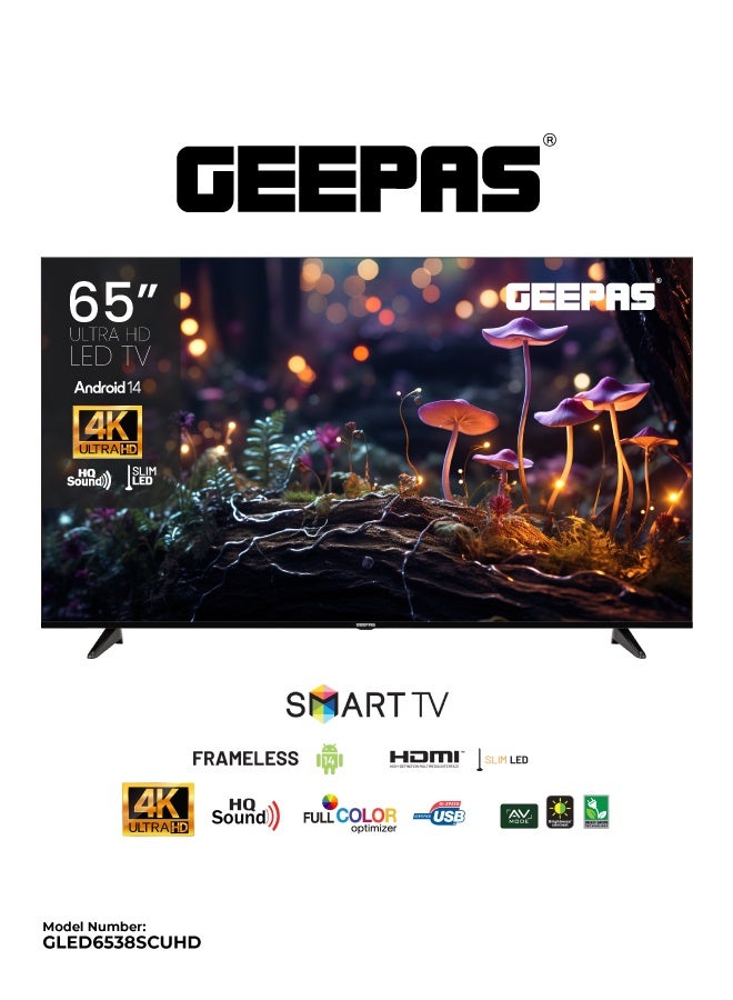 GEEPAS 65-inch Frameless 4K UHD Smart LED TV with Android E-Share, Ultra-Low Latency (8.5ms), Energy Saving, and High Fidelity Audio - Image 1
