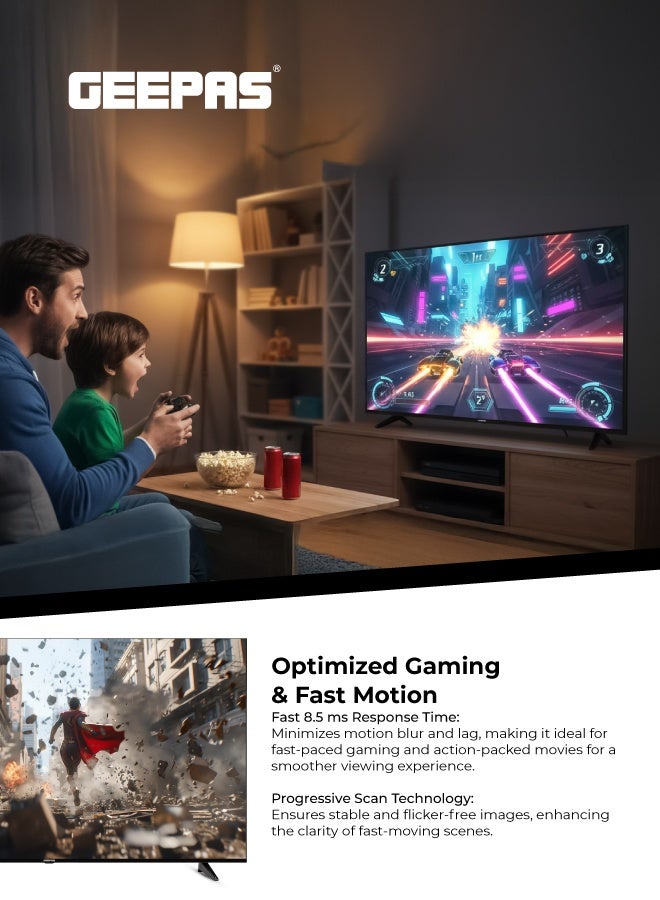 GEEPAS 65-inch Frameless 4K UHD Smart LED TV with Android E-Share, Ultra-Low Latency (8.5ms), Energy Saving, and High Fidelity Audio - Image 3
