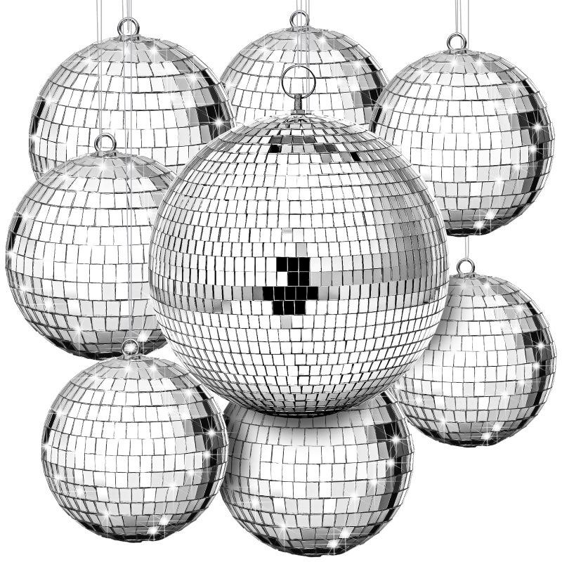 Haull 8 Pcs Large Disco Ball Set Silver Mirror Disco Reflective Ball with Hanging Ring Party Ornament Decoration for Stage Club Ballroom Dance Hall Wedding Prom Props8 6 4