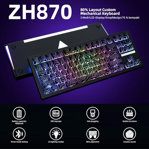 ZORNHER ZH870 Wireless Gaming Mechanical Keyboard,80% Black Custom Creamy Sound Keyboard with Lighted Up Black Topographic Keycaps,Creamy Sounding Linear Switches,Hot-Swappable,RGB Backlit - Image 2