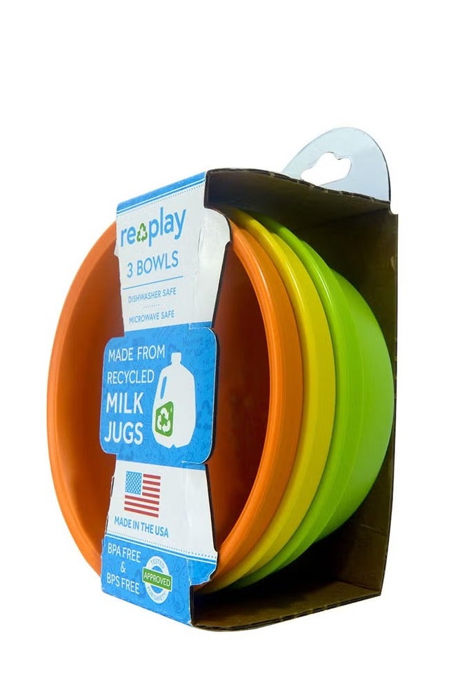 ري-بلاي 3 عبوات من الأطباق - ببرتقالي، أصفر، أخضر ليموني | سعة 12 أوقية | آمن للميكروويف | قابل للتكديس | متين | مصنوع من البلاستيك المعاد تدويره | آمن للغسل في غسالة الصحون | خالي من BPA وBPS | مثالي للأطفال والكبار