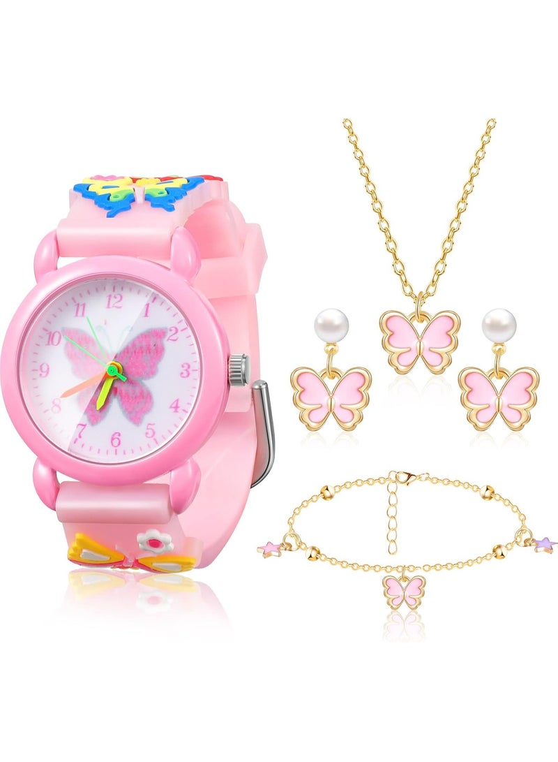 SYOSI Girl's Watch and Jewelry Set Cute Girls Butterfly Watch with Butterfly Necklace Charm Bracelets 3D Cartoon Silicone Pink Wrist Watches Necklace Bracelet Earrings for Girls Birthday Gift - Image 1