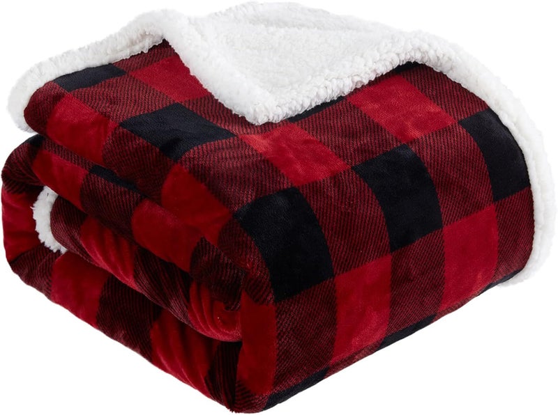Touchat Sherpa Red and Black Buffalo Plaid Christmas Twin Blanket 60" X 70", Fuzzy Fluffy Soft Cozy Throw Blanket, Fleece Flannel Plush Microfiber Blanket for Couch Bed Sofa - Image 1