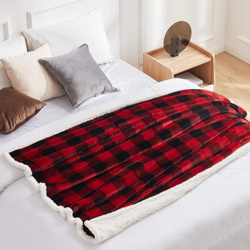 Touchat Sherpa Red and Black Buffalo Plaid Christmas Twin Blanket 60" X 70", Fuzzy Fluffy Soft Cozy Throw Blanket, Fleece Flannel Plush Microfiber Blanket for Couch Bed Sofa - Image 3