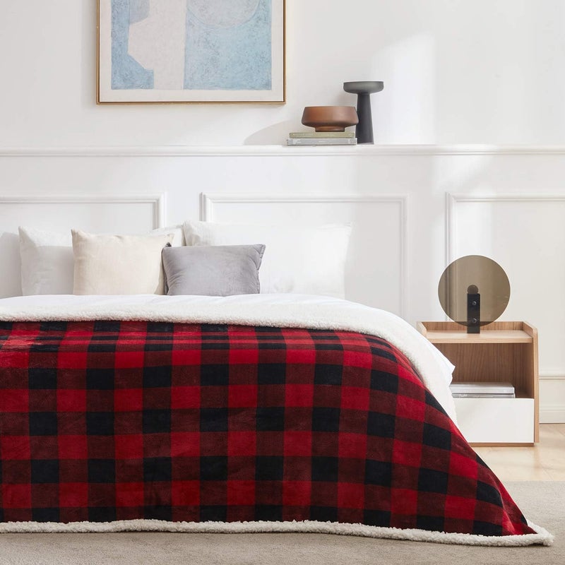 Touchat Sherpa Red and Black Buffalo Plaid Christmas Twin Blanket 60" X 70", Fuzzy Fluffy Soft Cozy Throw Blanket, Fleece Flannel Plush Microfiber Blanket for Couch Bed Sofa - Image 4