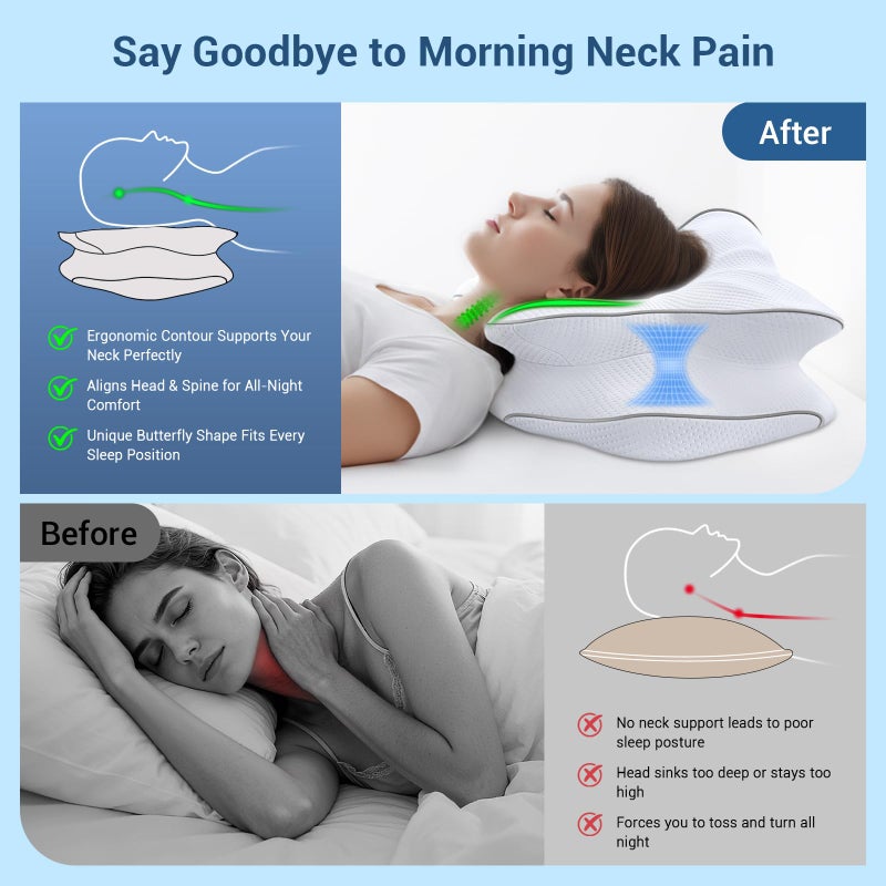 AZBESTPRO Memory Foam Cervical Pillow for Neck Support & Pain Relief, Butterfly Ergonomic Design â€“ 24Ã—15.75Ã—5.7 Inches, Removable 100% Polyester Pillowcase, Suitable for Side & Back Sleepers - Image 3