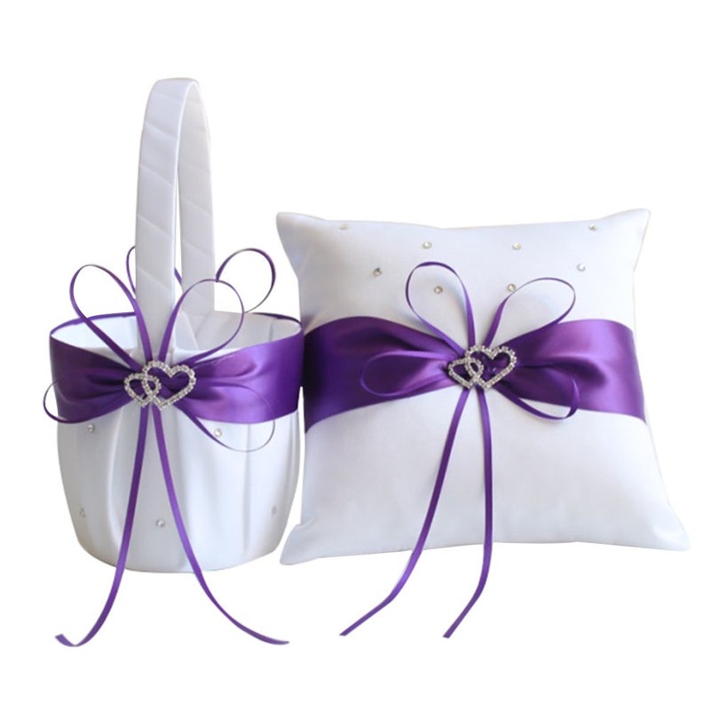Bodosac Awtlife 2pcs Sets Flower Girl Basket and Ring Pillow Purple Wedding Decor 