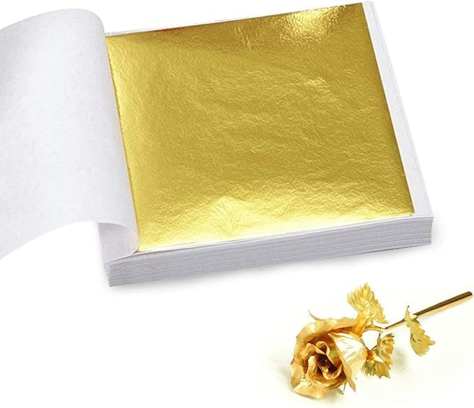 A.K GOLD LEAF AK GOLD LEAF Gold Leaf Sheets 200 Sheets Imitation Gold Leaf 8 x 8cm Gilding Foil Gilding Adhesive 100ml Gold Leaf Paper for Gilding Crafting Resin Art Decoration Maysur Painting Arts DIY - Image 1