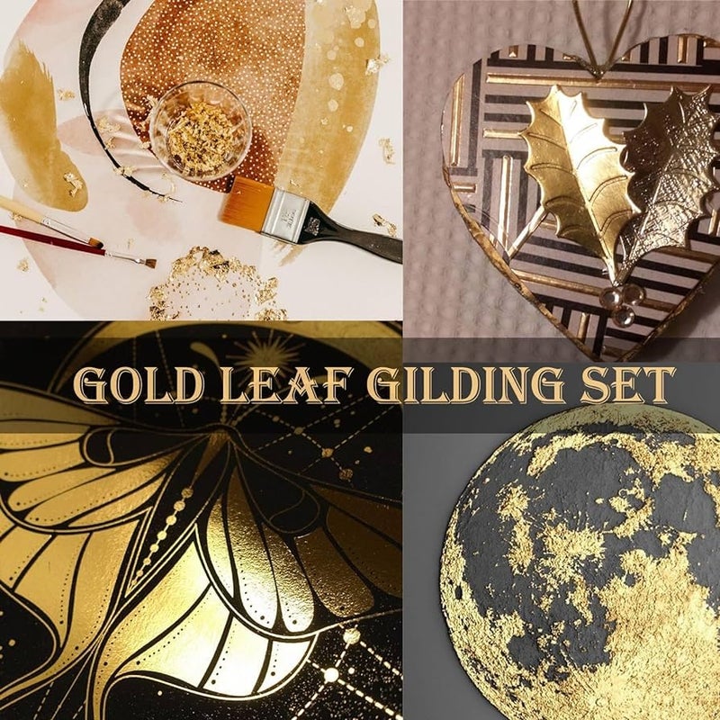 A.K GOLD LEAF AK GOLD LEAF Gold Leaf Sheets 200 Sheets Imitation Gold Leaf 8 x 8cm Gilding Foil Gilding Adhesive 100ml Gold Leaf Paper for Gilding Crafting Resin Art Decoration Maysur Painting Arts DIY - Image 2