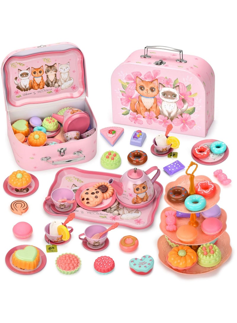 Tinplate Cat Theme Tea Set Portable Gift Box with Dessert Accessories Safe Durable Children Tea Party Kitchen Tableware Toys for Kids Over Three Years - Image 1