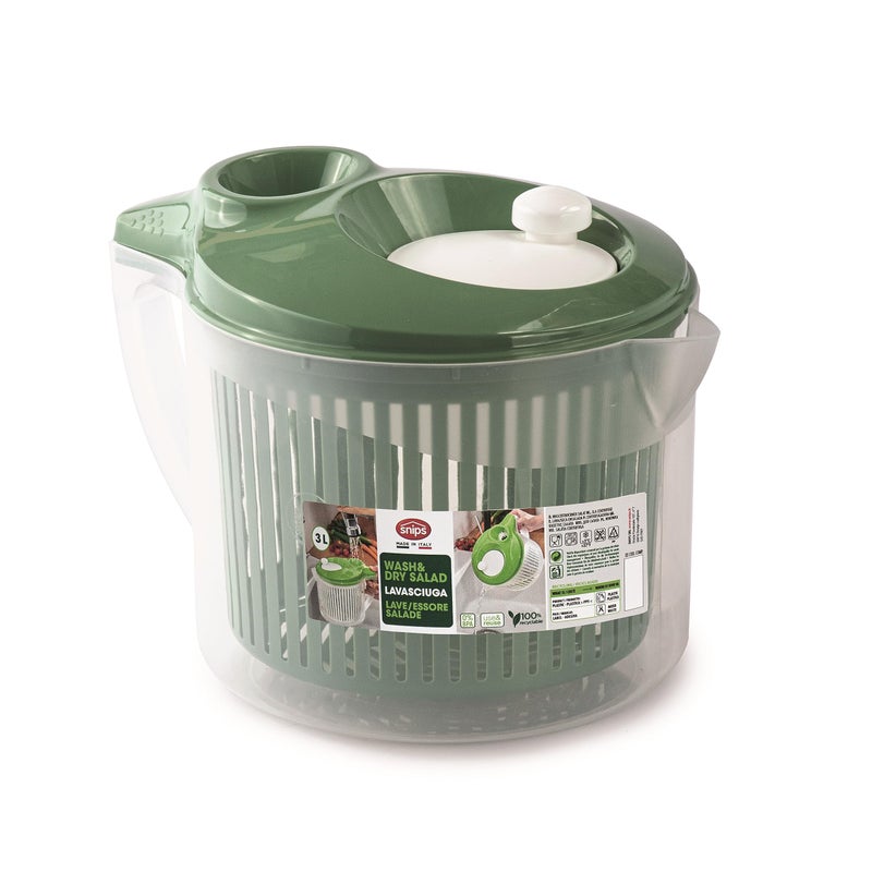 Snips Salad Spinner with Water Drainage from Lid Salad Spinner 3 Liters 195 x 265 x 19 cm Green Color Made in Italy BPA Free Plastic