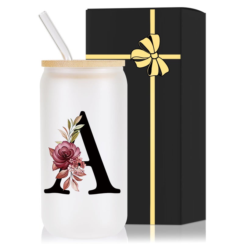 Wulcea Monogrammed Glass Drinking Cup With Bamboo Lid Strawâ€‚Customized Iced Coffee Tumbler 16oz Clear Mason Jar Beer Water Smoothie Cocktail Accessories Cool Cute Mug Gift Vasos De Vidrio Con Tapa Popote,A - Image 1