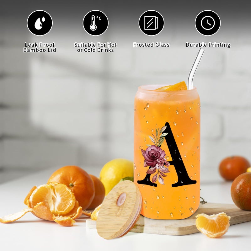 Wulcea Monogrammed Glass Drinking Cup With Bamboo Lid Strawâ€‚Customized Iced Coffee Tumbler 16oz Clear Mason Jar Beer Water Smoothie Cocktail Accessories Cool Cute Mug Gift Vasos De Vidrio Con Tapa Popote,A - Image 4