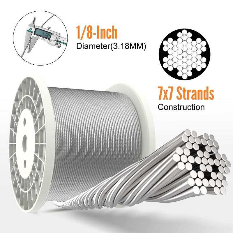 BLIKA 300FT 1/8" Stainless Steel Cable with Cutter, T316 Marine Grade, Stainless Steel Wire Rope 7x7 Strand Construction, 1850lbs Breaking Strength Aircraft Cable for Deck Cable Railing - Image 2