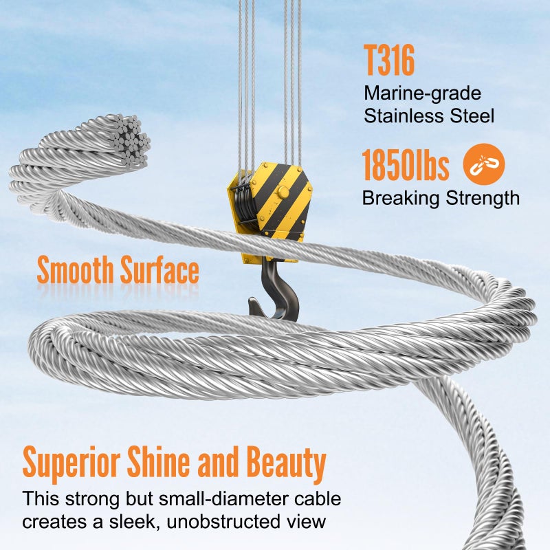 BLIKA 300FT 1/8" Stainless Steel Cable with Cutter, T316 Marine Grade, Stainless Steel Wire Rope 7x7 Strand Construction, 1850lbs Breaking Strength Aircraft Cable for Deck Cable Railing - Image 4