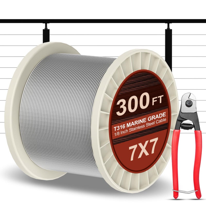 BLIKA 300FT 1/8" Stainless Steel Cable with Cutter, T316 Marine Grade, Stainless Steel Wire Rope 7x7 Strand Construction, 1850lbs Breaking Strength Aircraft Cable for Deck Cable Railing - Image 1
