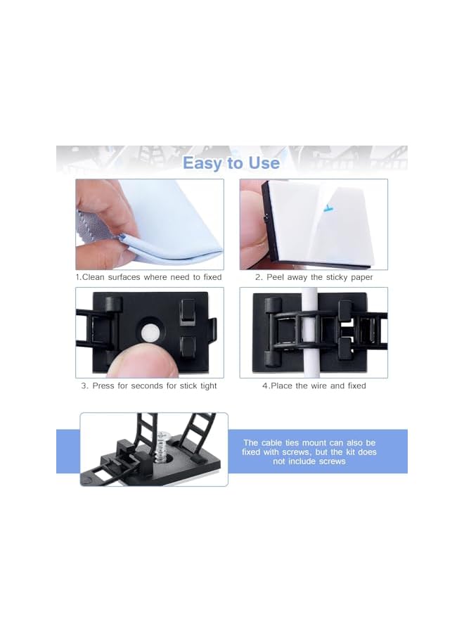 S-TOP 100PCS Adhesive Cable Ties Cable Clips, Self-adhesive Nylon Straps, Adhesive Cable Management Clips for Wire Management (Black-Adhesive Ties) - Image 4