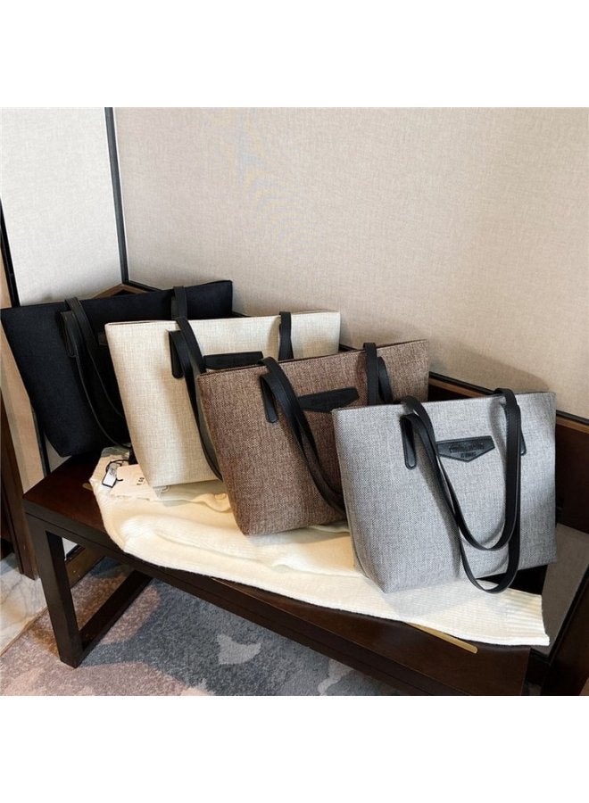 Texted Fashion Commuter Shoulder Bag Women's Bag 2024 Korean Style Cotton Linen Large Capacity Casual Portable Tote Bag-Color:Beige White - Image 3