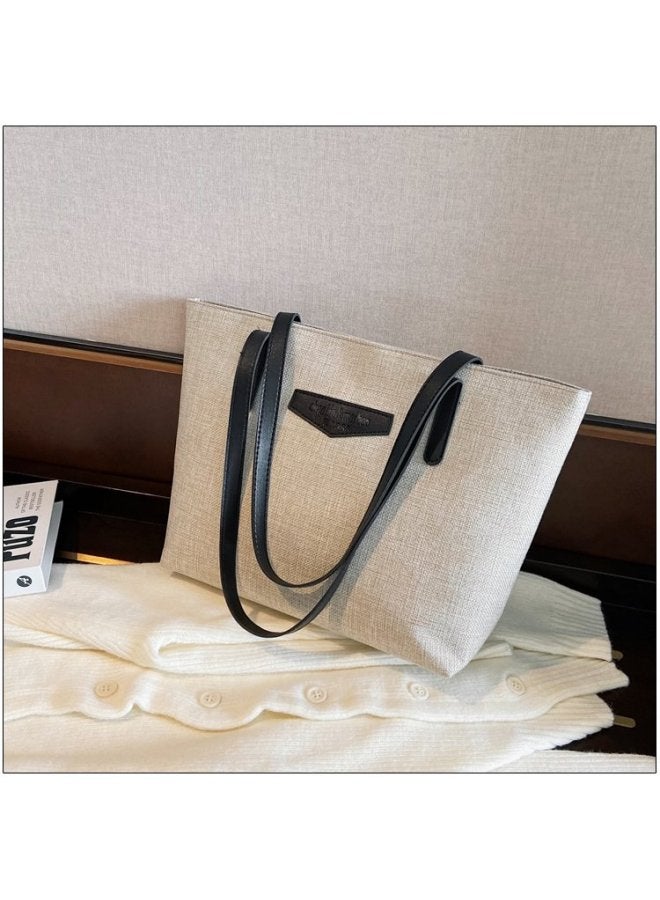 Texted Fashion Commuter Shoulder Bag Women's Bag 2024 Korean Style Cotton Linen Large Capacity Casual Portable Tote Bag-Color:Beige White - Image 1