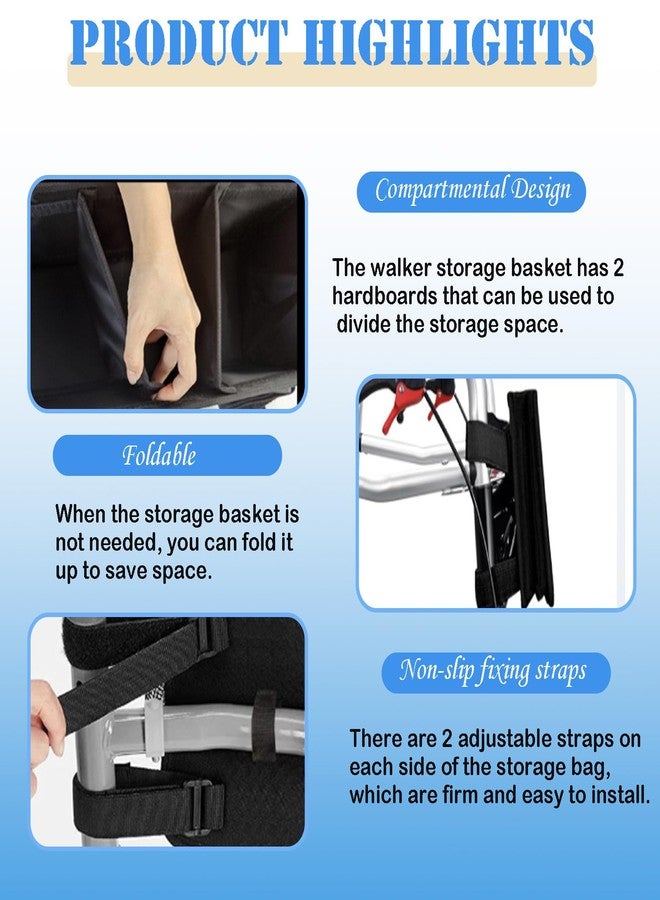 AUSTYLCO Walker Basket with Cup Holder,Foldable Walker Bag,Large Capacity Storage,Never Tipping Over,Waterproof Storage Basket for Elderly (Black) - Image 3