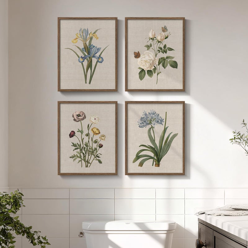 Cuspin Framed Botanical Wall Art for Bathroom, 4 Piece Vintage Floral Canvas Painting Prints Artwork Farmhouse Wall Decor, Rustic Flower Butterfly Pictures for Bedroom Kitchen Hallway Home Decor, 8x10 Inch - Image 1