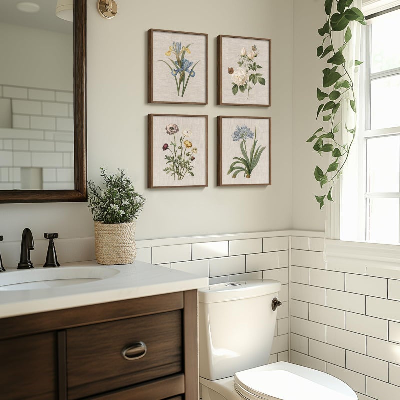Cuspin Framed Botanical Wall Art for Bathroom, 4 Piece Vintage Floral Canvas Painting Prints Artwork Farmhouse Wall Decor, Rustic Flower Butterfly Pictures for Bedroom Kitchen Hallway Home Decor, 8x10 Inch - Image 2