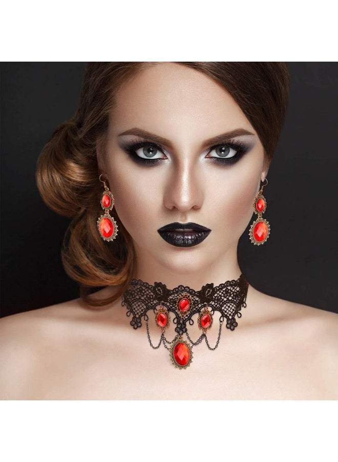 Parure de bijoux gothique en dentelle noire avec boucles d'oreilles en strass rouges pour costume d'Halloween, Pierre précieuse, Strass - Image 5