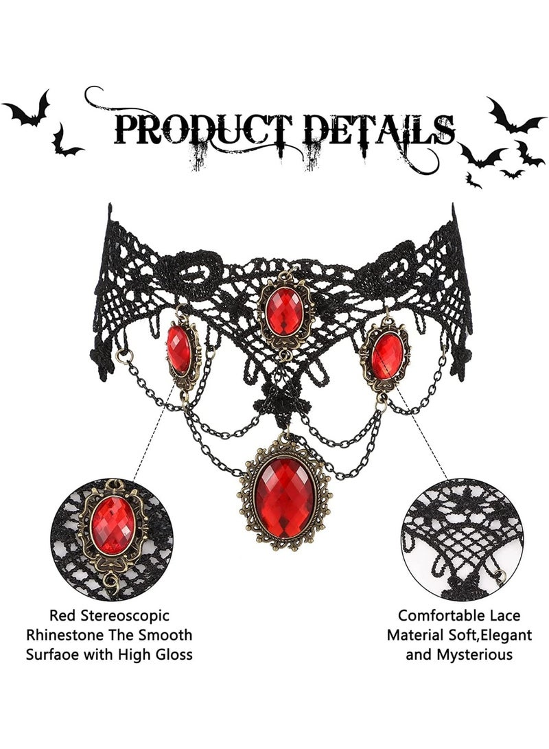 Parure de bijoux gothique en dentelle noire avec boucles d'oreilles en strass rouges pour costume d'Halloween, Pierre précieuse, Strass - Image 3