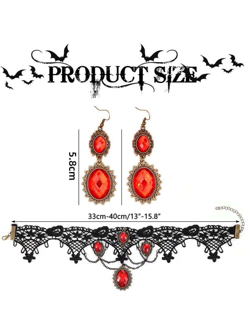 Parure de bijoux gothique en dentelle noire avec boucles d'oreilles en strass rouges pour costume d'Halloween, Pierre précieuse, Strass - Image 2
