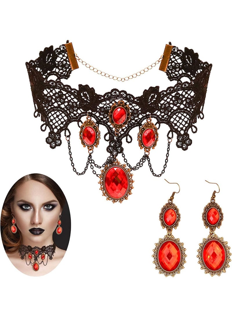 Parure de bijoux gothique en dentelle noire avec boucles d'oreilles en strass rouges pour costume d'Halloween, Pierre précieuse, Strass - Image 1