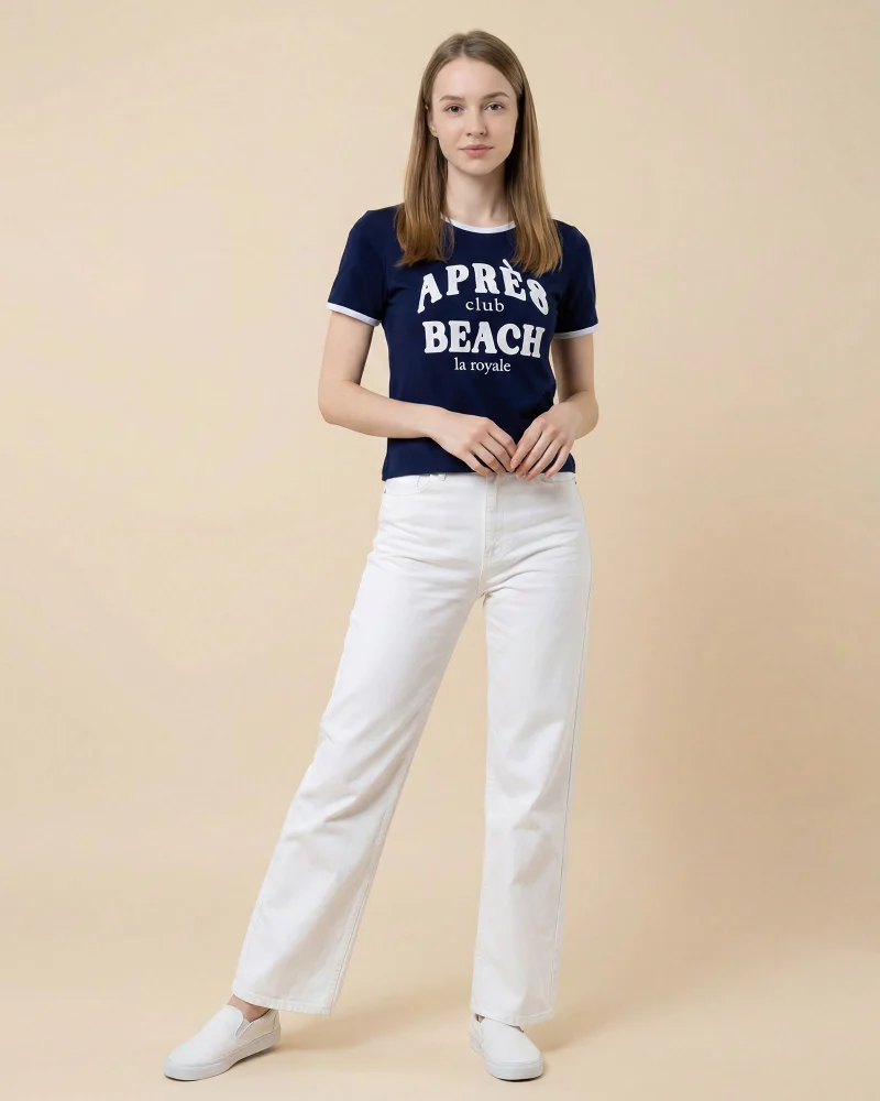 REDTAG Women Navy Rib Printed T-Shirt