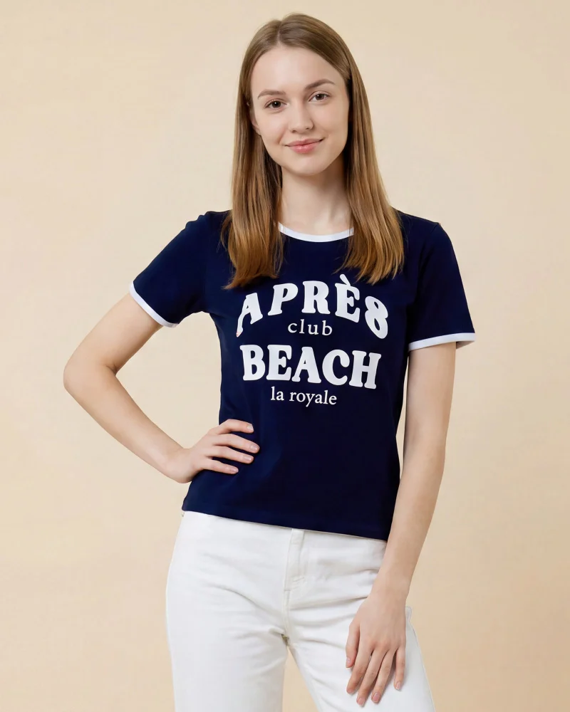 REDTAG Women Navy Rib Printed T-Shirt