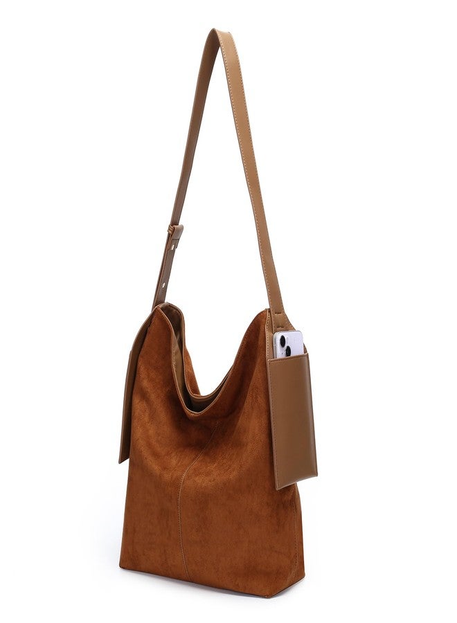 Herald Soft Slouchy Suede Hobo Shoulder Bag for Women, Retro Bucket Crossbody Purse Tote Handbag with Adjustable Strap (Brown) - Image 1