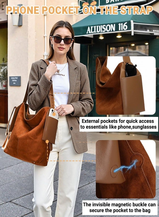Herald Soft Slouchy Suede Hobo Shoulder Bag for Women, Retro Bucket Crossbody Purse Tote Handbag with Adjustable Strap (Brown) - Image 3