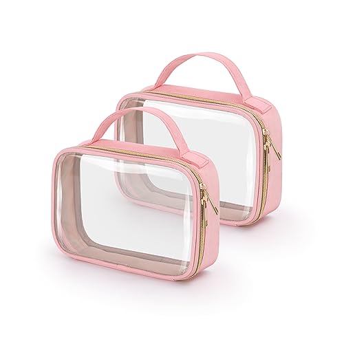 Wedama TSA Approved Toiletry Bag 2 Pack Clear Makeup Bags with Handles Quart Size Toiletry Bags PVC Clear Cosmetic Bags for Women and Men Carry on Airport Airline Compliant Bag Pink - Image 1