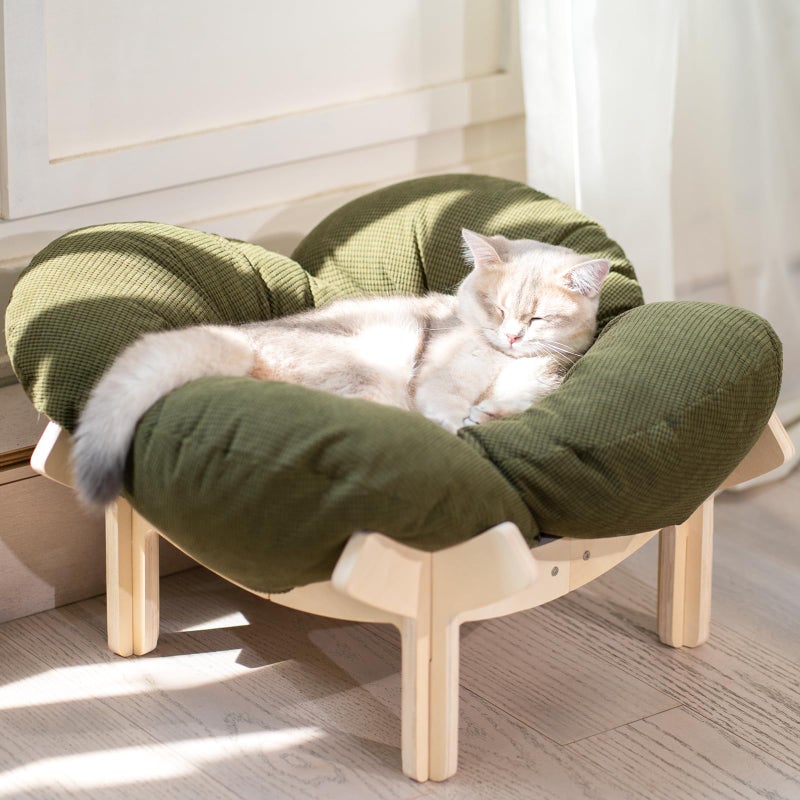 CHEERHOME PETS Elevated Cat Bed Wooden with Cushion Fluffy Pet Couch Sofa for Indoor Cats Raised Kitty Lounge Chair Suitable for Puppy, Cat Furniture(Green) - Image 1