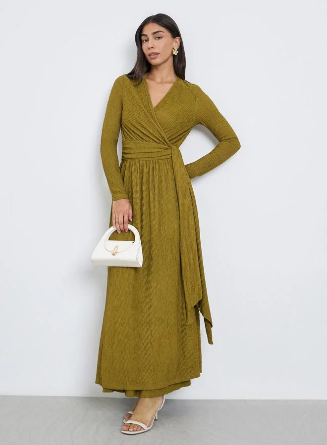 Styli Green Textured Wrap Maxi Dress