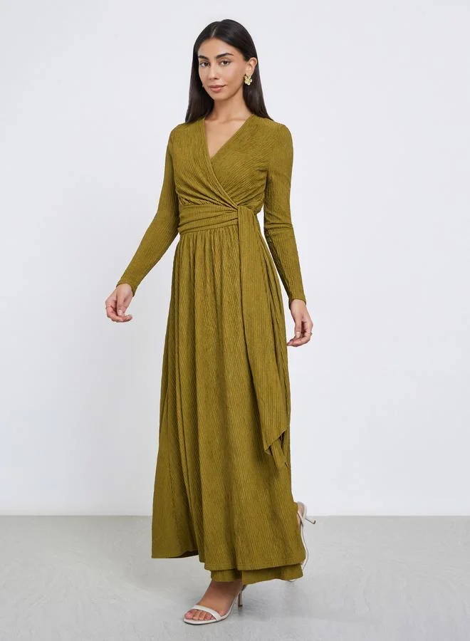 Styli Styli Green Textured Wrap Maxi Dress